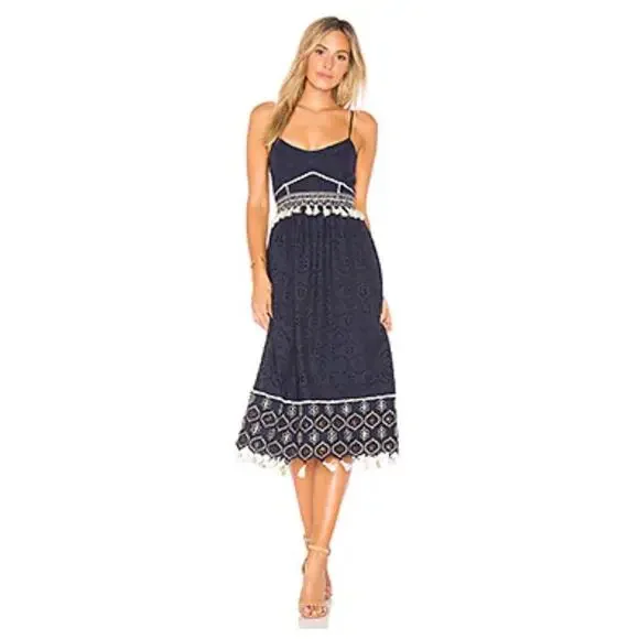 Hemant & Nandita Sleeveless White Eyelet‎ Black Tassel Midi Dress Size XS